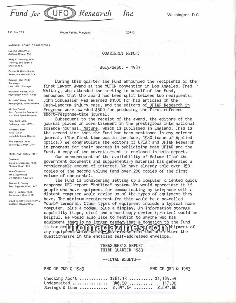 Cover of FUFOR reports issue July/Sept. - 1983: Fund for UFO Research Inc.