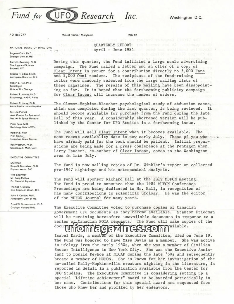 Cover of FUFOR reports issue QUARTERLY REPORT: Fund for UFO Research Inc.