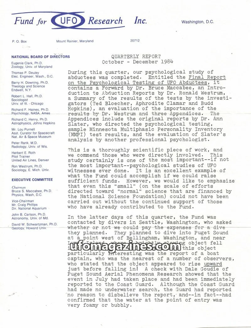 Cover of FUFOR reports issue October - December 1984: Fund for UFO Research Inc.