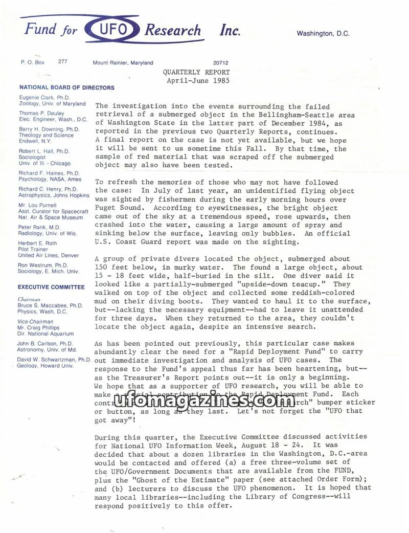 Cover of FUFOR reports issue QUARTERLY REPORT: Fund for UFO Research Inc.