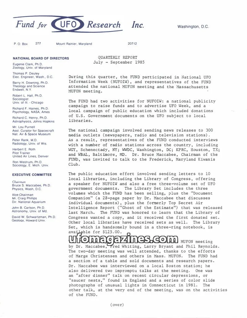 Cover of FUFOR reports issue QUARTERLY REPORT July - September 1985: Fund for UFO Research Inc.