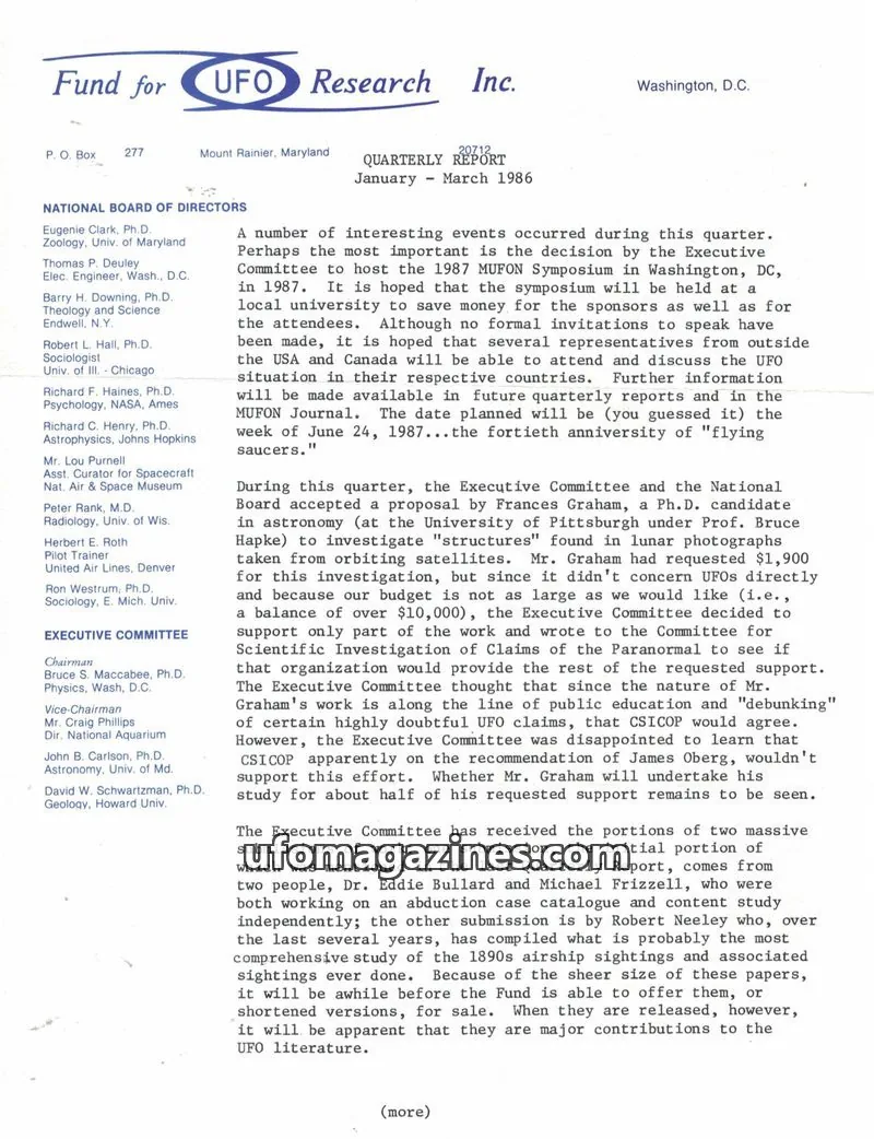 Cover of FUFOR reports issue QUARTERLY REPORT: Fund for UFO Research Inc.