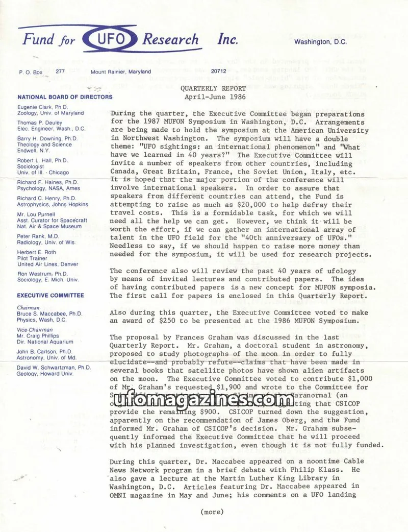 Cover of FUFOR reports issue QUARTERLY REPORT: Fund for UFO Research Inc.