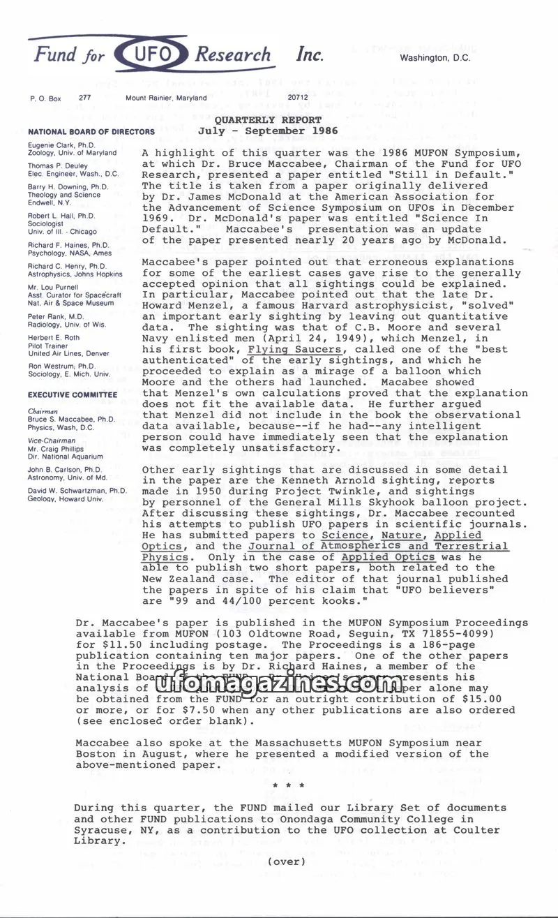 Cover of FUFOR reports issue July - September 1986: Fund for UFO Research Inc. Quarterly Report