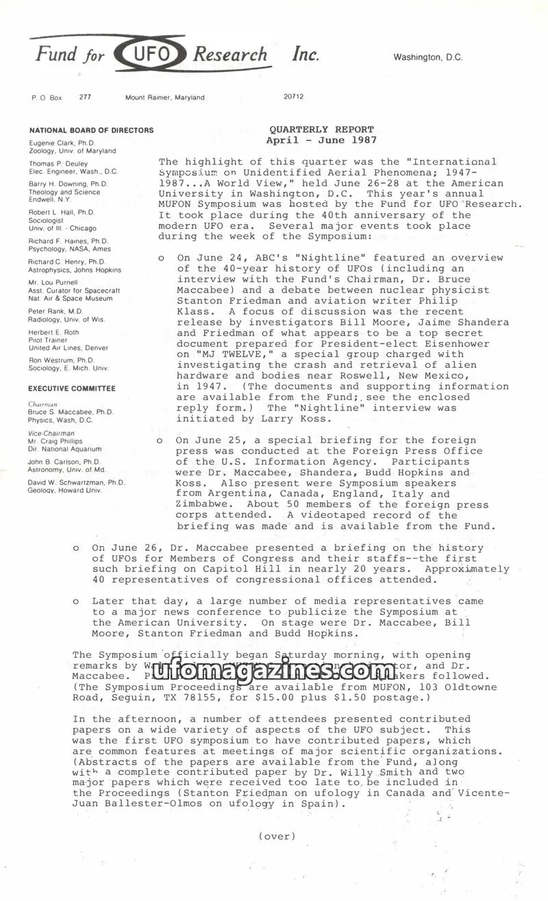 Cover of FUFOR reports issue QUARTERLY REPORT: Fund for UFO Research Inc.