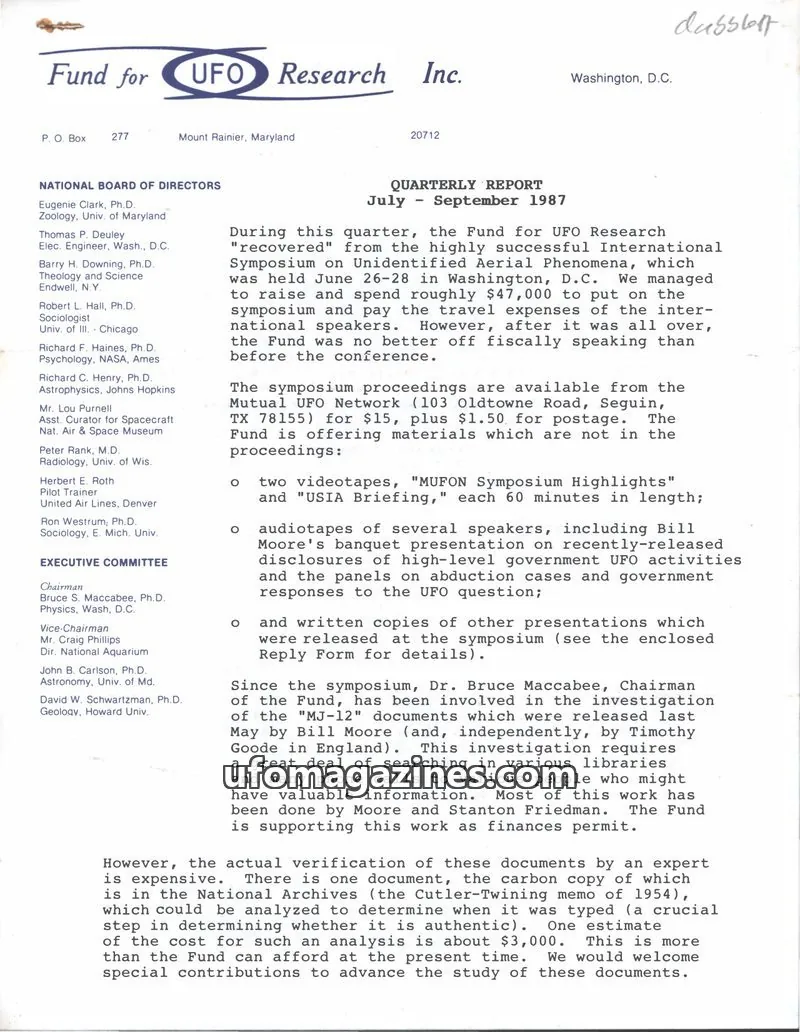 Cover of FUFOR reports issue July - September 1987: Fund for UFO Research Inc.
