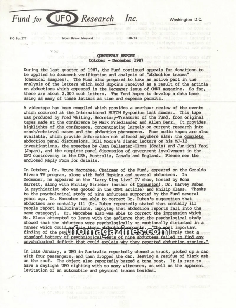 Cover of FUFOR reports issue October - December 1987: Fund for UFO Research Inc.