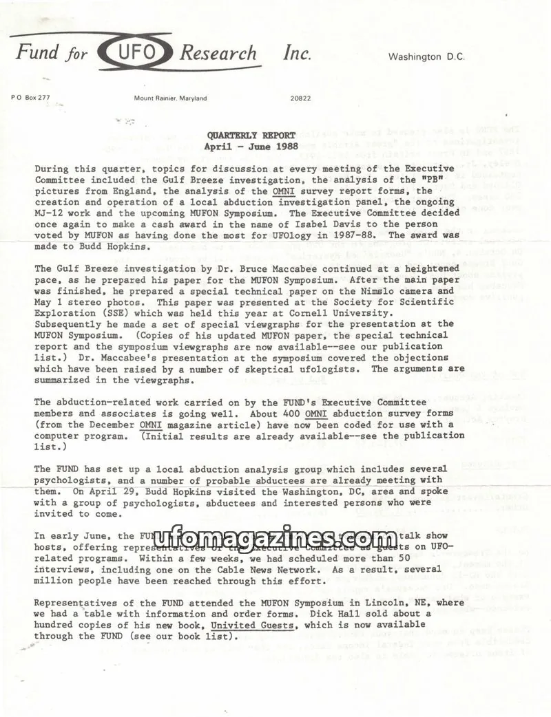 Cover of FUFOR reports issue QUARTERLY REPORT: Fund for UFO Research Inc.