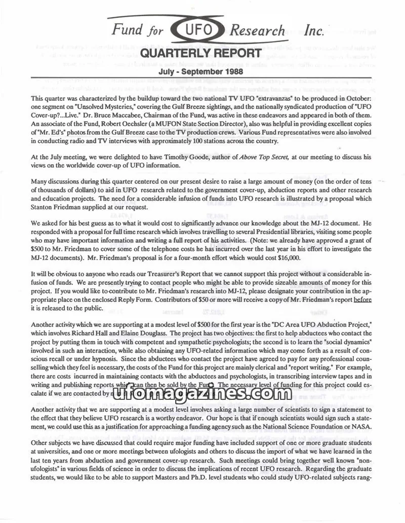 Cover of FUFOR reports issue July - September 1988: Fund for UFO Research Inc. QUARTERLY REPORT