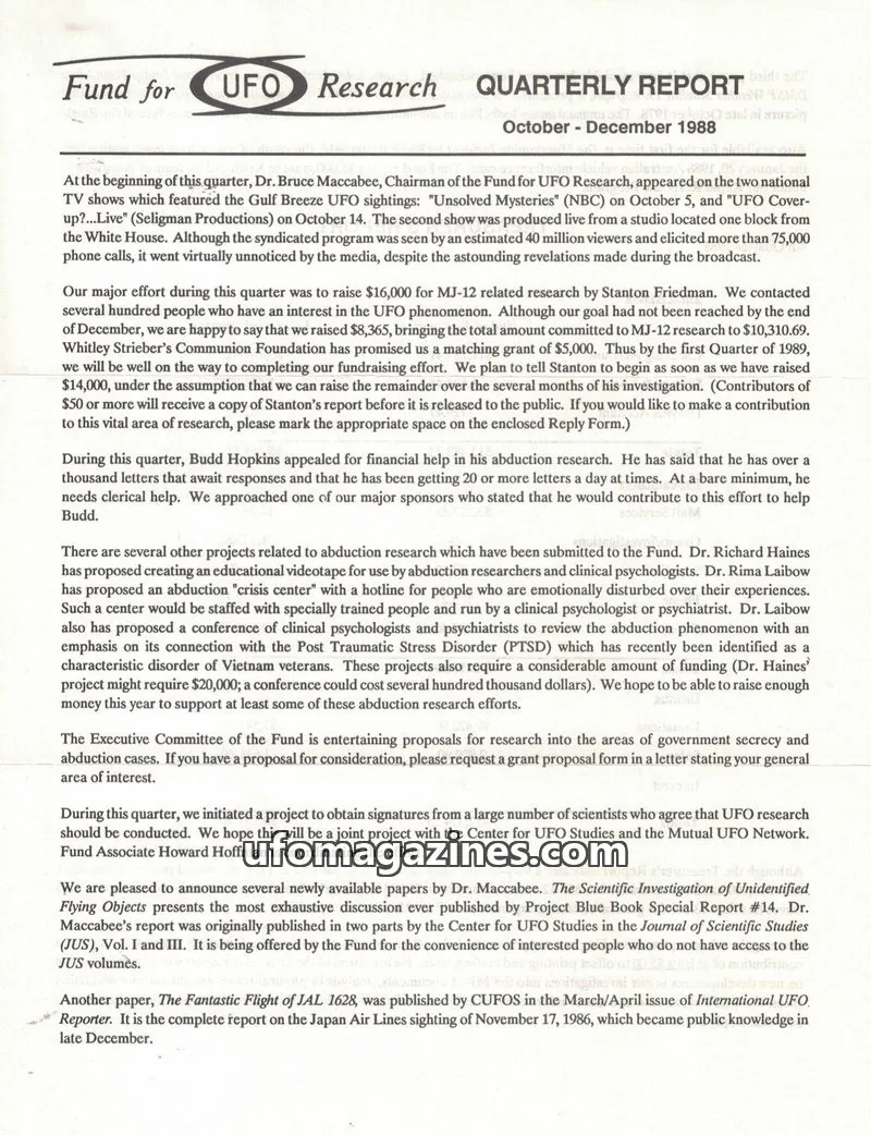 Cover of FUFOR reports issue October - December 1988: Fund for UFO Research QUARTERLY REPORT