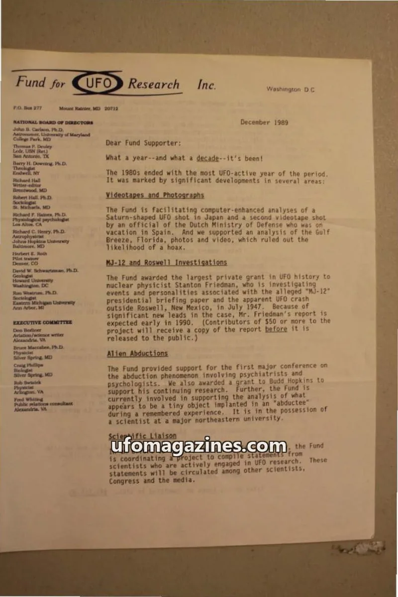 Cover of FUFOR reports issue December 1989: Fund for UFO Research Inc.