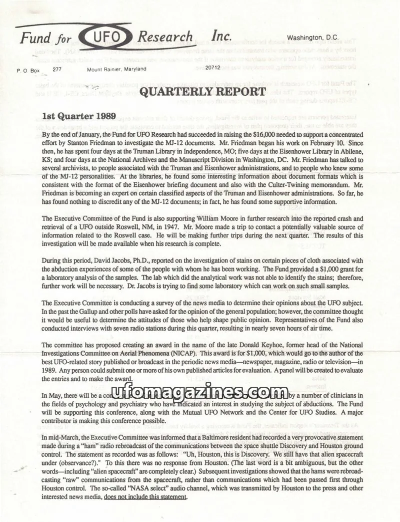 Cover of FUFOR reports issue 1st Quarter 1989: Fund for UFO Research Inc. QUARTERLY REPORT