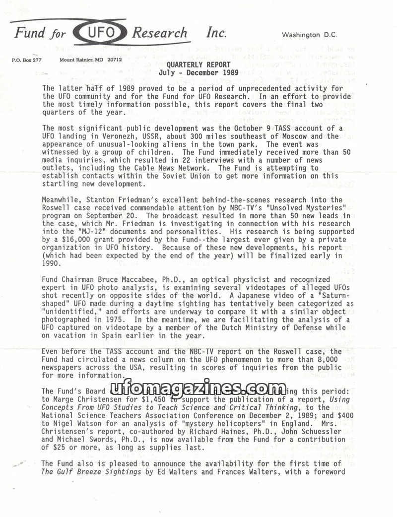Cover of FUFOR reports issue July - December 1989: Fund for UFO Research Inc.