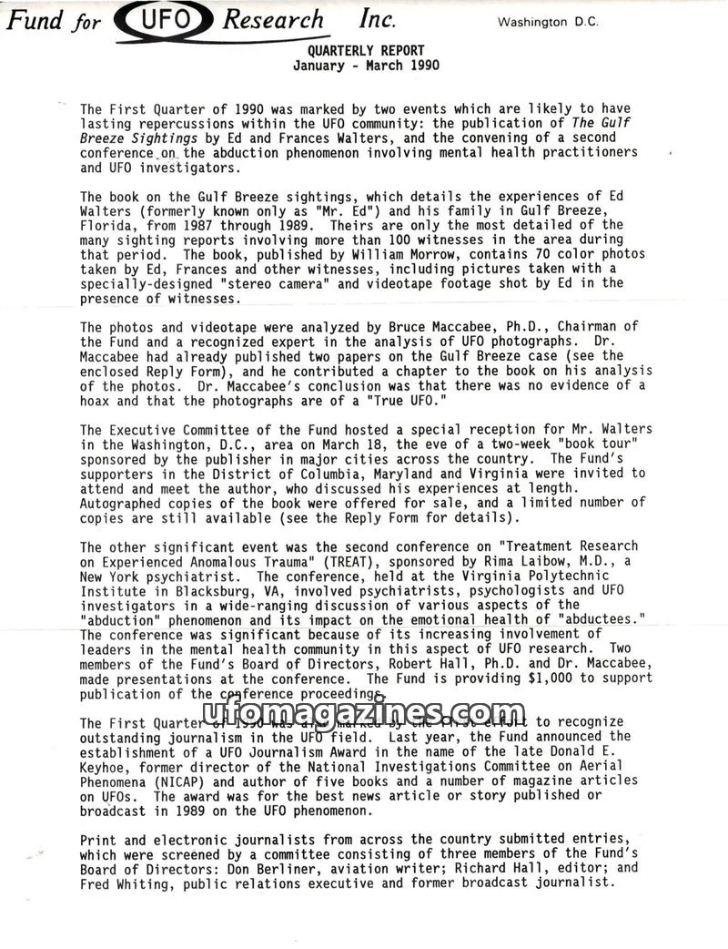 Cover of FUFOR reports issue January - March 1990: Fund for UFO Research Inc.