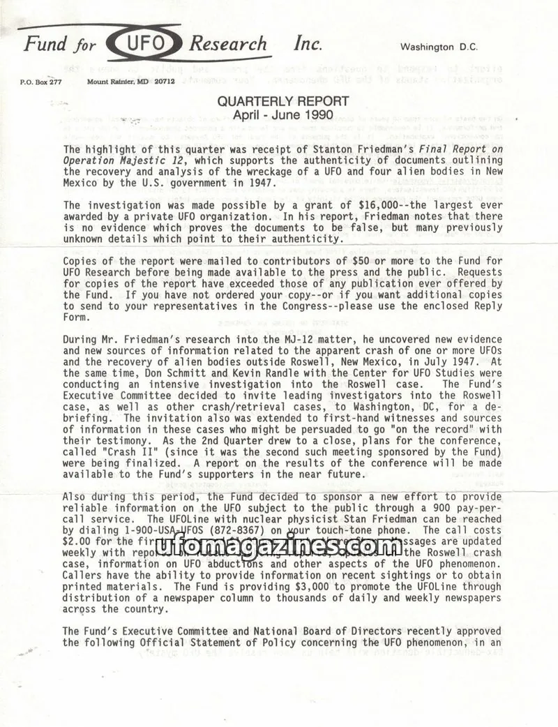 Cover of FUFOR reports issue QUARTERLY REPORT: Fund for UFO Research Inc.
