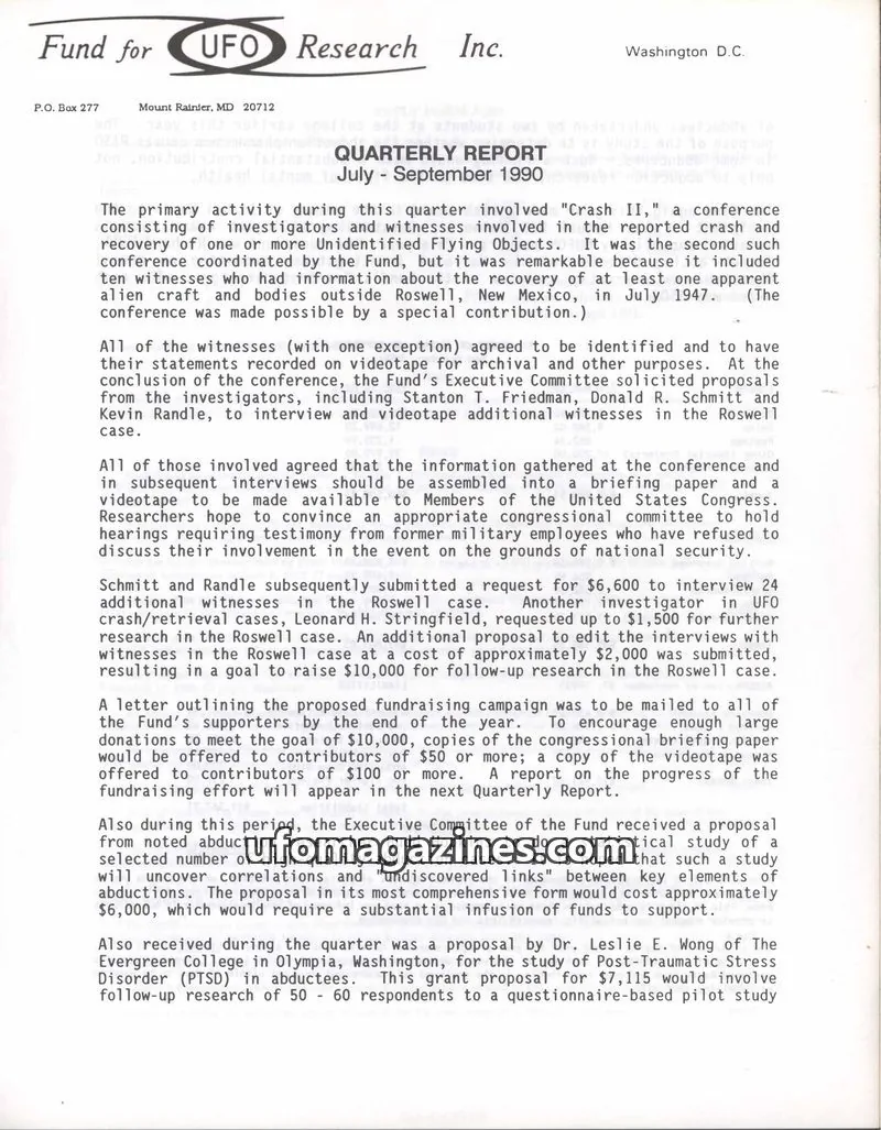 Cover of FUFOR reports issue July - September 1990: Fund for UFO Research Inc. QUARTERLY REPORT