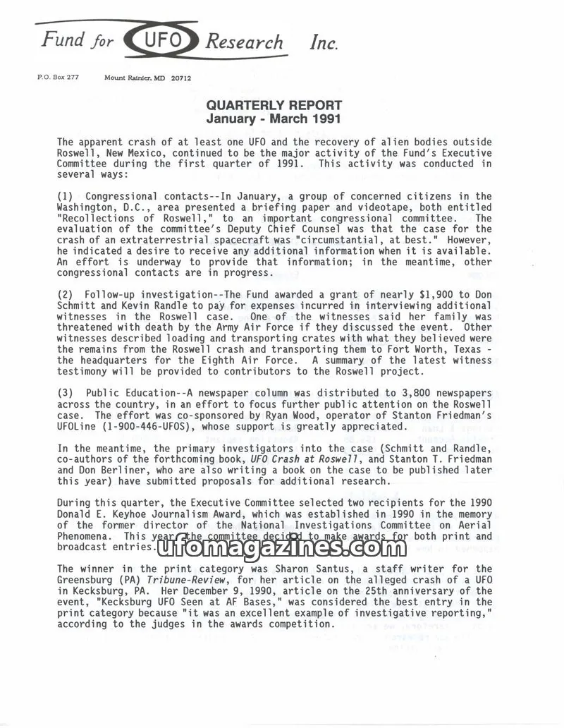 Cover of FUFOR reports issue January - March 1991: Fund for UFO Research Inc.