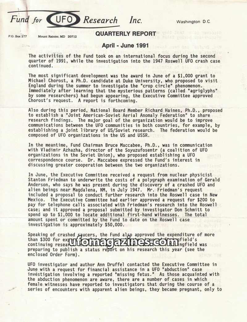 Cover of FUFOR reports issue April - June 1991: Fund for UFO Research Inc. QUARTERLY REPORT