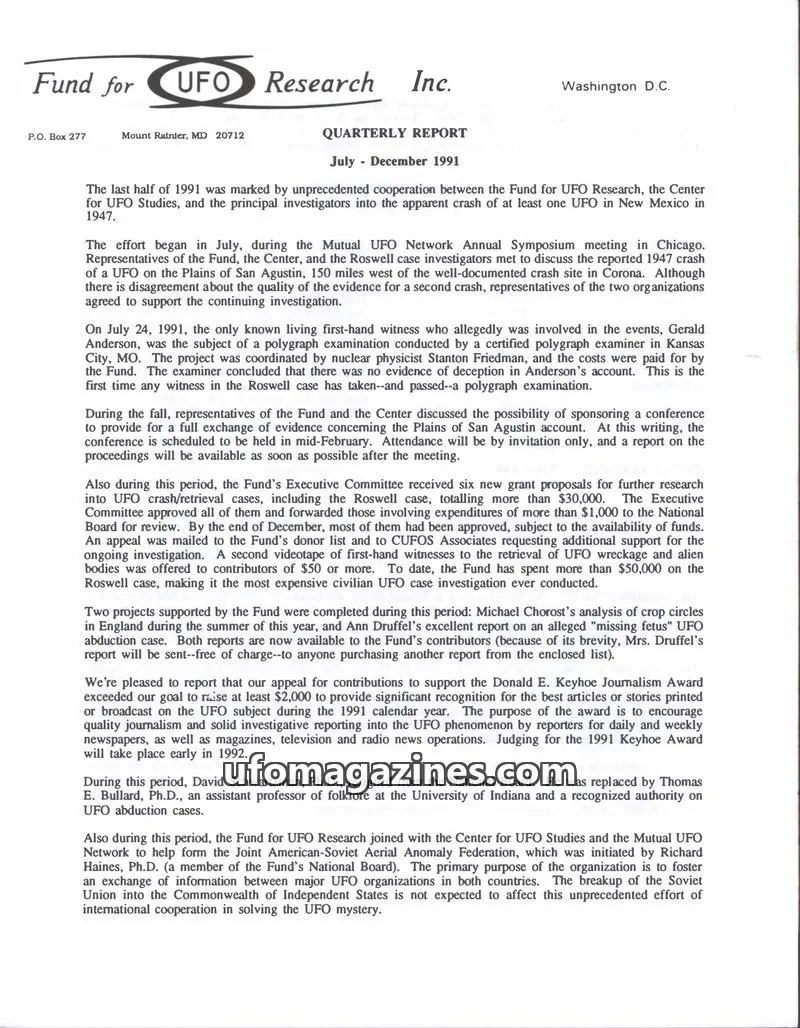 Cover of FUFOR reports issue July - December 1991: Fund for UFO Research Inc. QUARTERLY REPORT