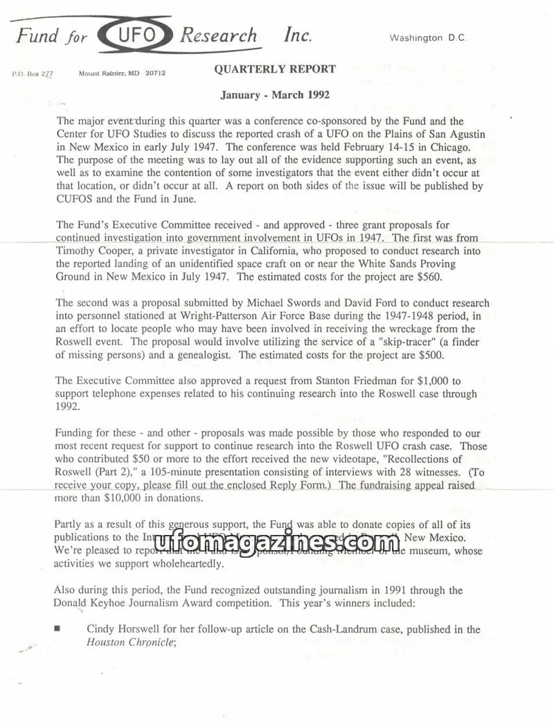 Cover of FUFOR reports issue January - March 1992: Fund for UFO Research Inc. Quarterly Report