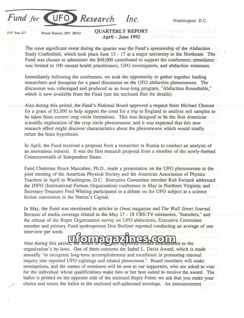 Cover of FUFOR reports issue April - June 1992: Fund for UFO Research Inc. QUARTERLY REPORT