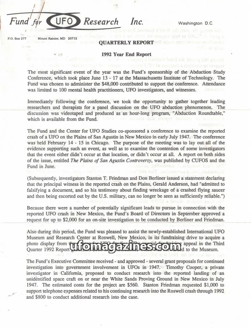 Cover of FUFOR reports issue 1992 Year End Report: Fund for UFO Research Inc. Quarterly Report