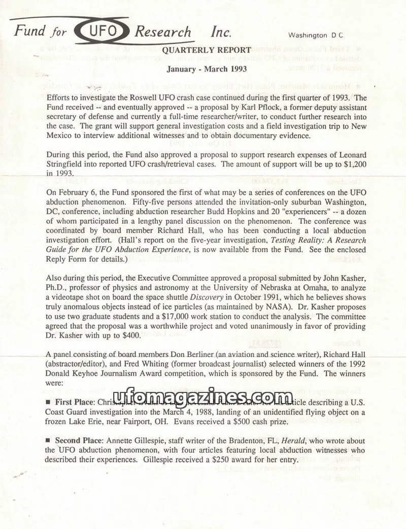 Cover of FUFOR reports issue January - March 1993: Fund for UFO Research Inc. QUARTERLY REPORT