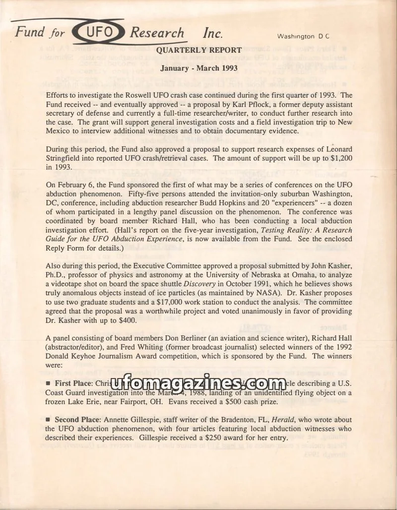 Cover of FUFOR reports issue January - March 1993: Fund for UFO Research Inc. QUARTERLY REPORT