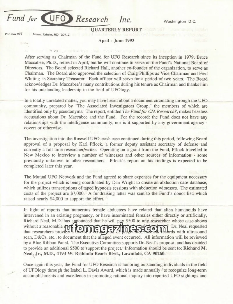 Cover of FUFOR reports issue April - June 1993: Fund for UFO Research Inc. QUARTERLY REPORT