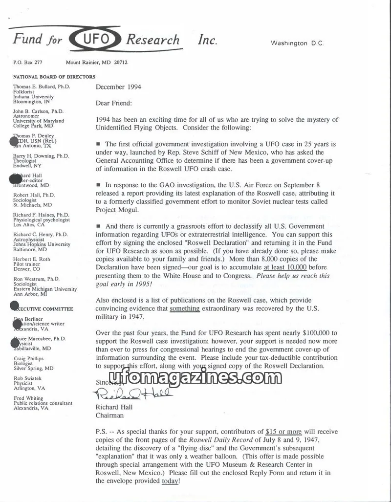 Cover of FUFOR reports issue December 1994: Fund for UFO Research Inc.