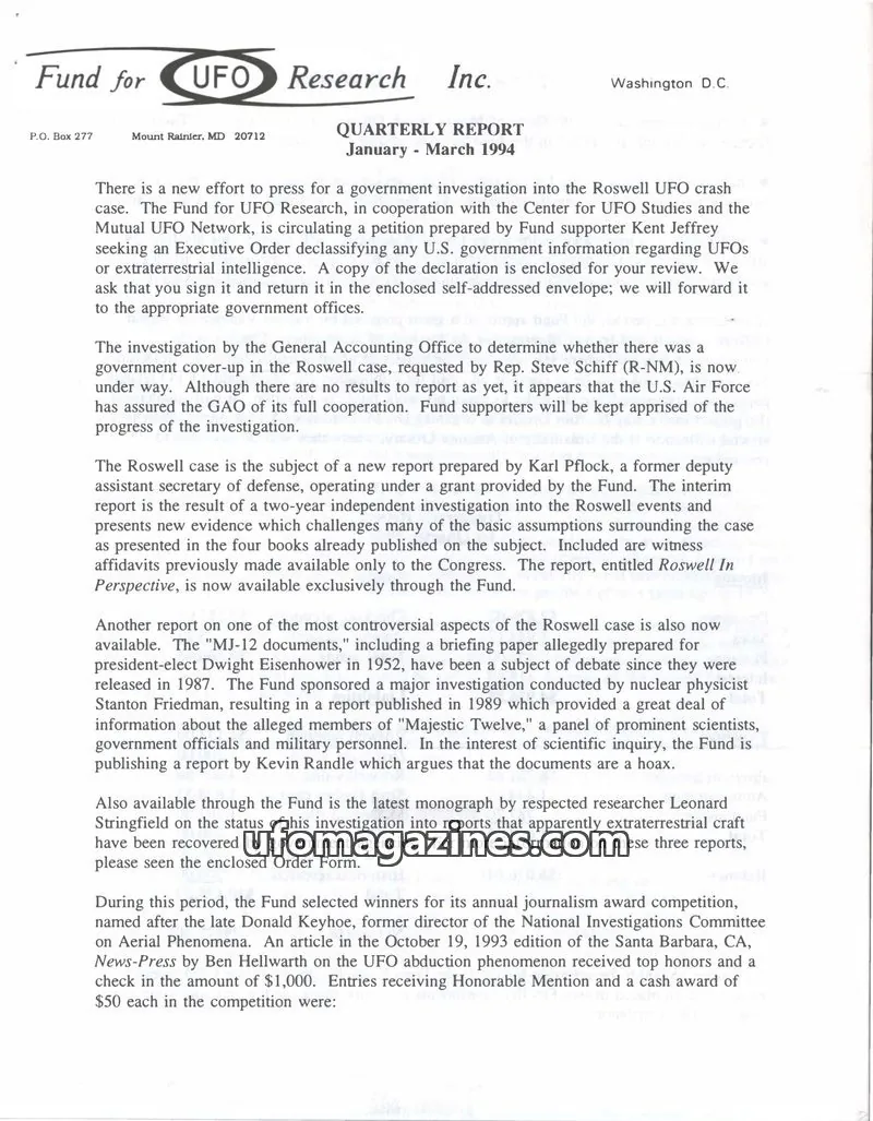 Cover of FUFOR reports issue January - March 1994: Fund for UFO Research Inc. Quarterly Report