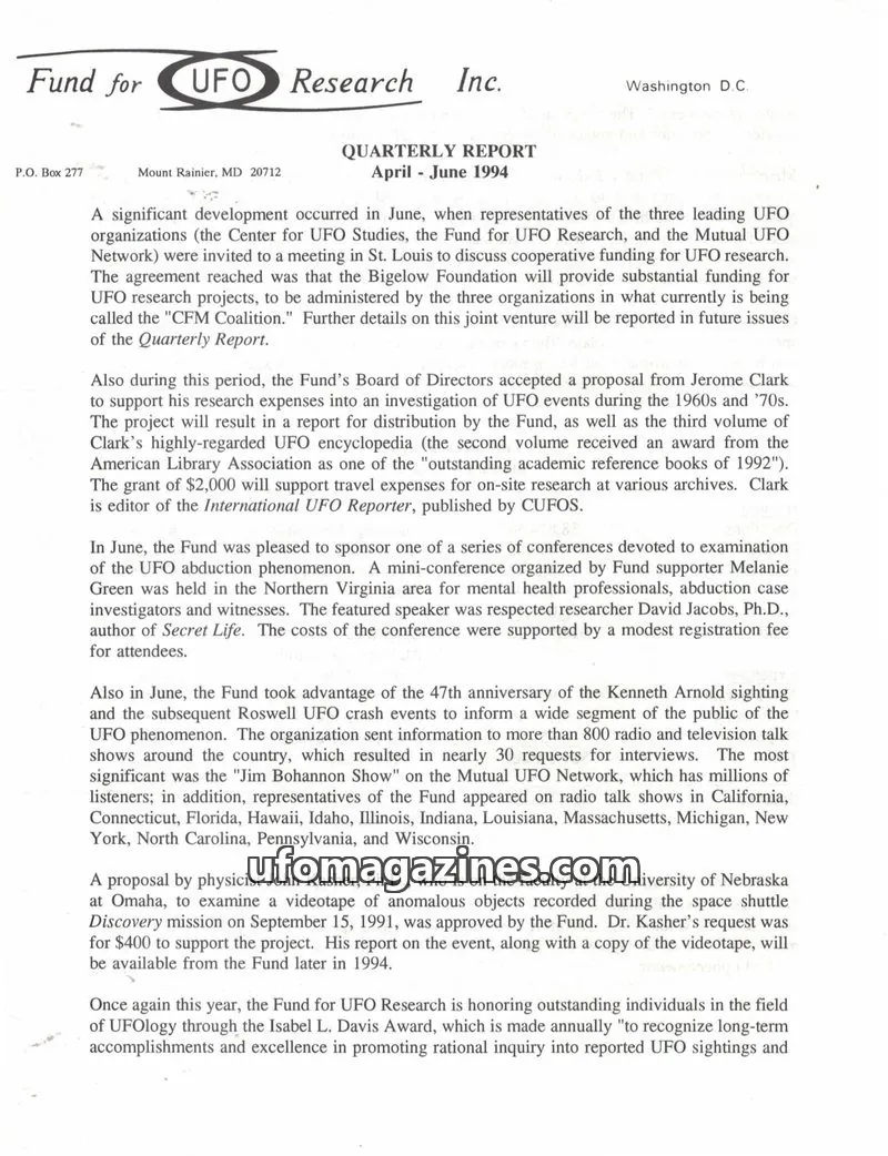 Cover of FUFOR reports issue Quarterly Report: Fund for UFO Research Inc.