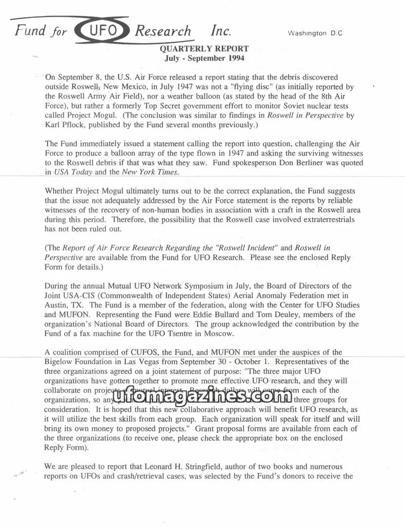 Cover of FUFOR reports issue July - September 1994: Fund for UFO Research Inc. Quarterly Report