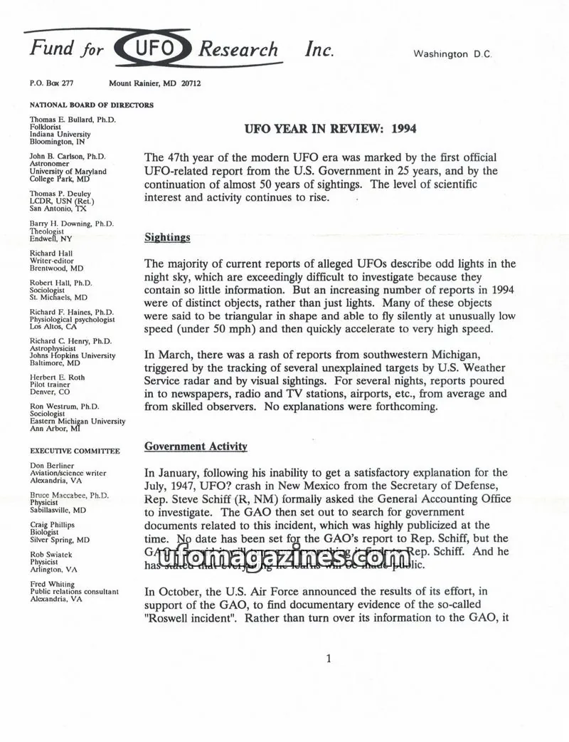 Cover of FUFOR reports issue 1994: Fund for UFO Research Inc.