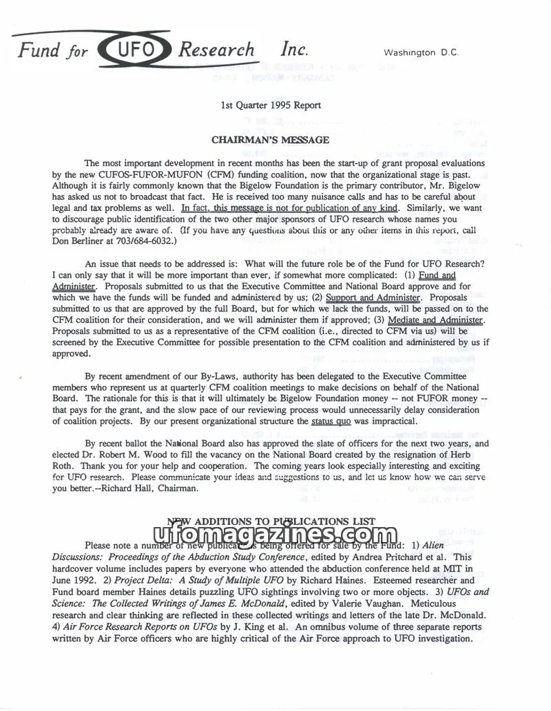 Cover of FUFOR reports issue 1st Quarter 1995 Report: Fund for UFO Research Inc.
