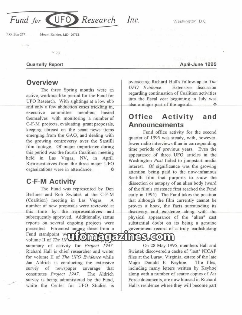 Cover of FUFOR reports issue April-June 1995: Fund for UFO Research Quarterly Report