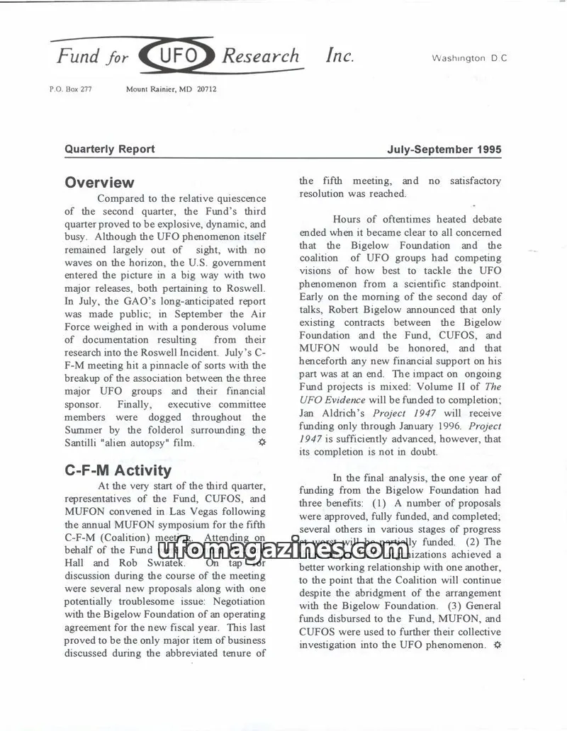 Cover of FUFOR reports issue July-September 1995: Fund for UFO Research Inc.