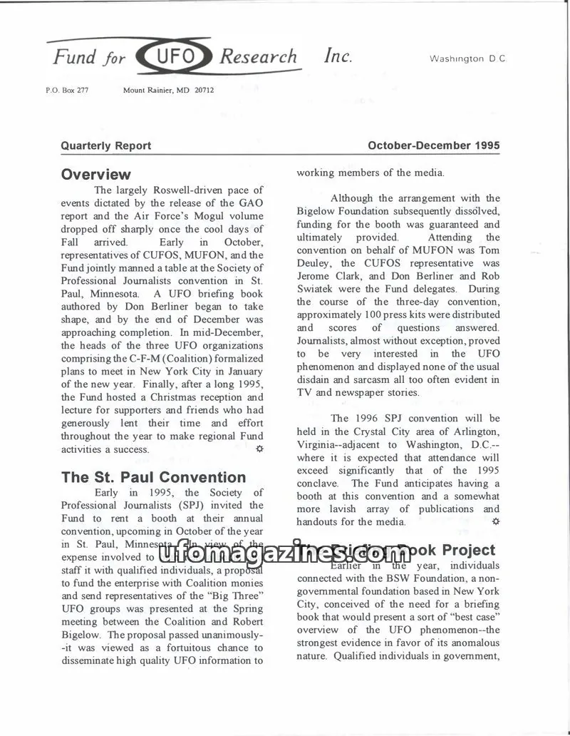 Cover of FUFOR reports issue October-December 1995: Fund for UFO Research Inc.