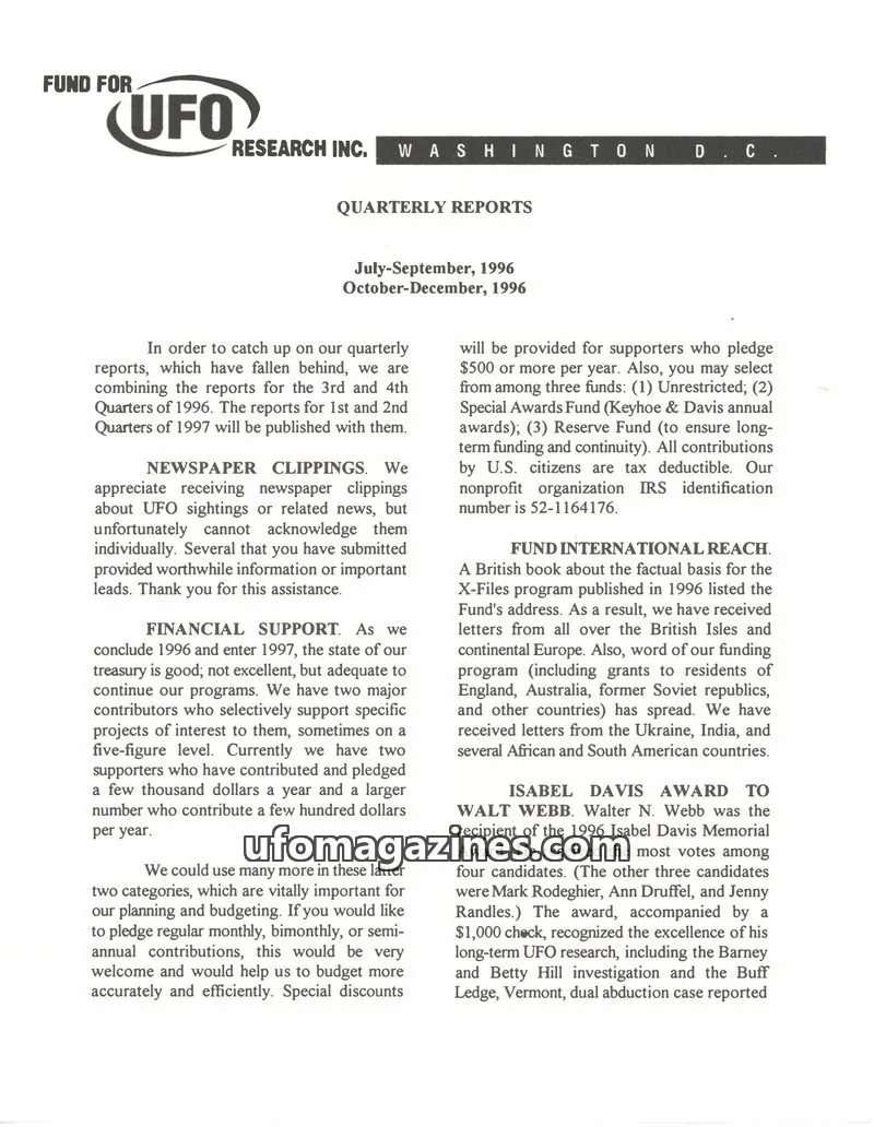 Cover of FUFOR reports issue QUARTERLY REPORTS: FUND FOR UFO RESEARCH INC.