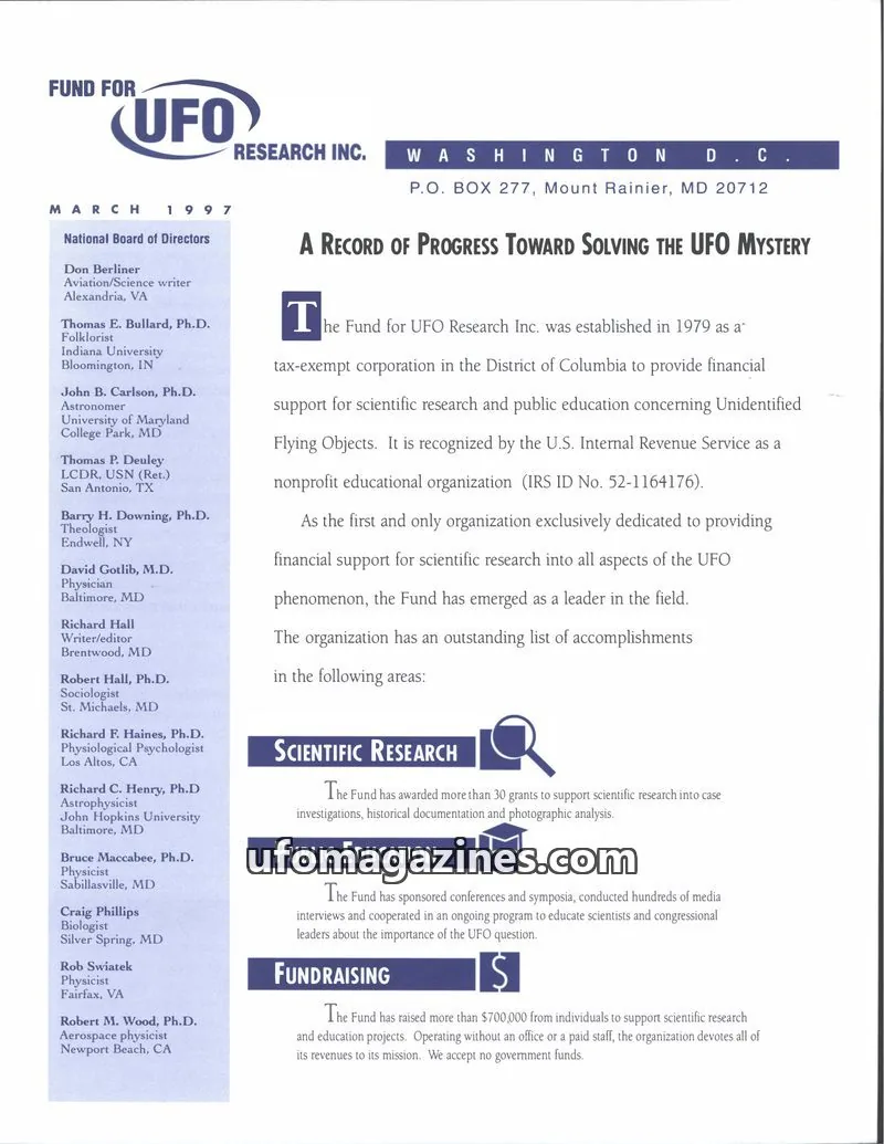 Cover of FUFOR reports issue MARCH 1997: FUND FOR UFO RESEARCH INC.