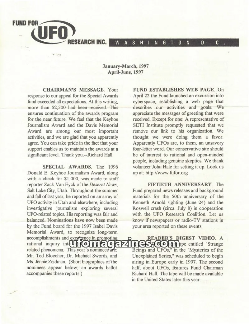 Cover of FUFOR reports issue January-March, 1997 / April-June, 1997: FUND FOR UFO RESEARCH INC.