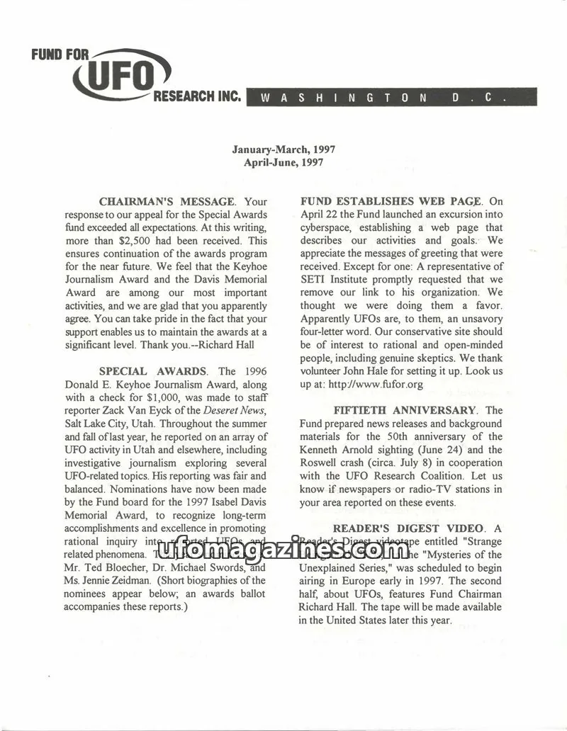 Cover of FUFOR reports issue January-March, 1997 / April-June, 1997: FUND FOR UFO RESEARCH INC.