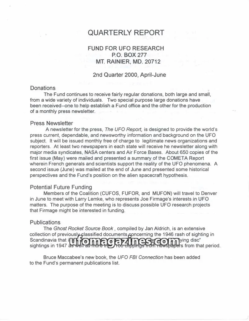 Cover of FUFOR reports issue 2nd Quarter 2000: QUARTERLY REPORT