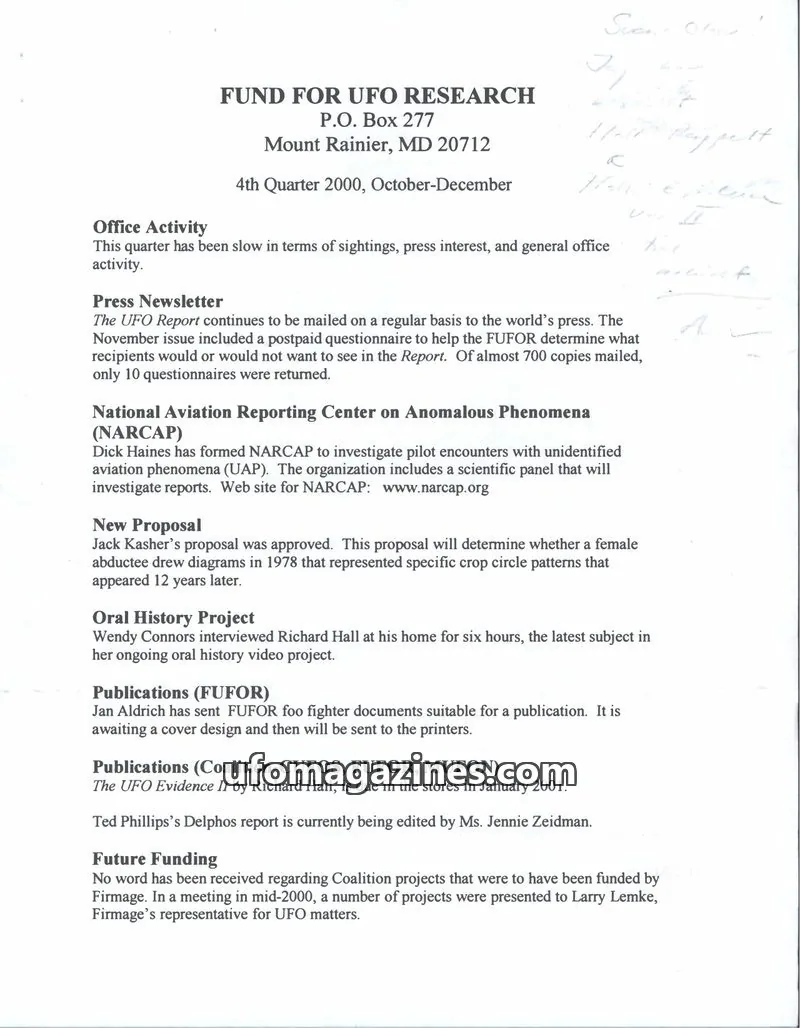 Cover of FUFOR reports issue 4th Quarter 2000: FUND FOR UFO RESEARCH