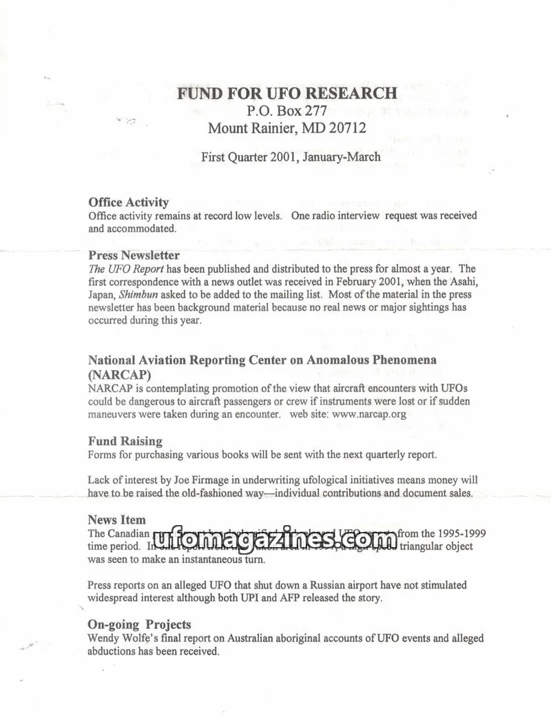 Cover of FUFOR reports issue First Quarter 2001: FUND FOR UFO RESEARCH