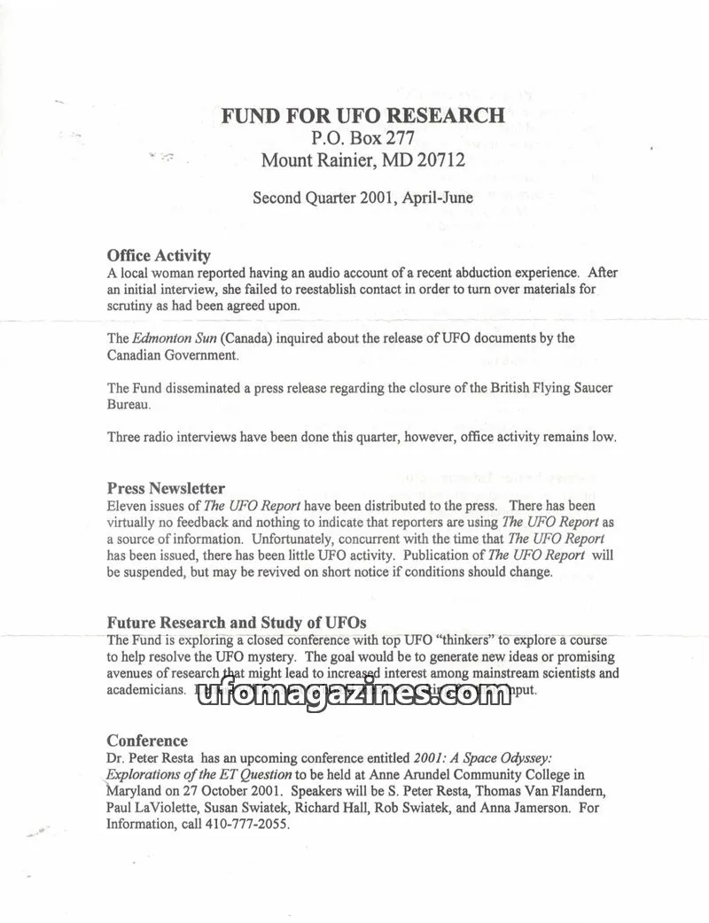 Cover of FUFOR reports issue Second Quarter 2001: FUND FOR UFO RESEARCH