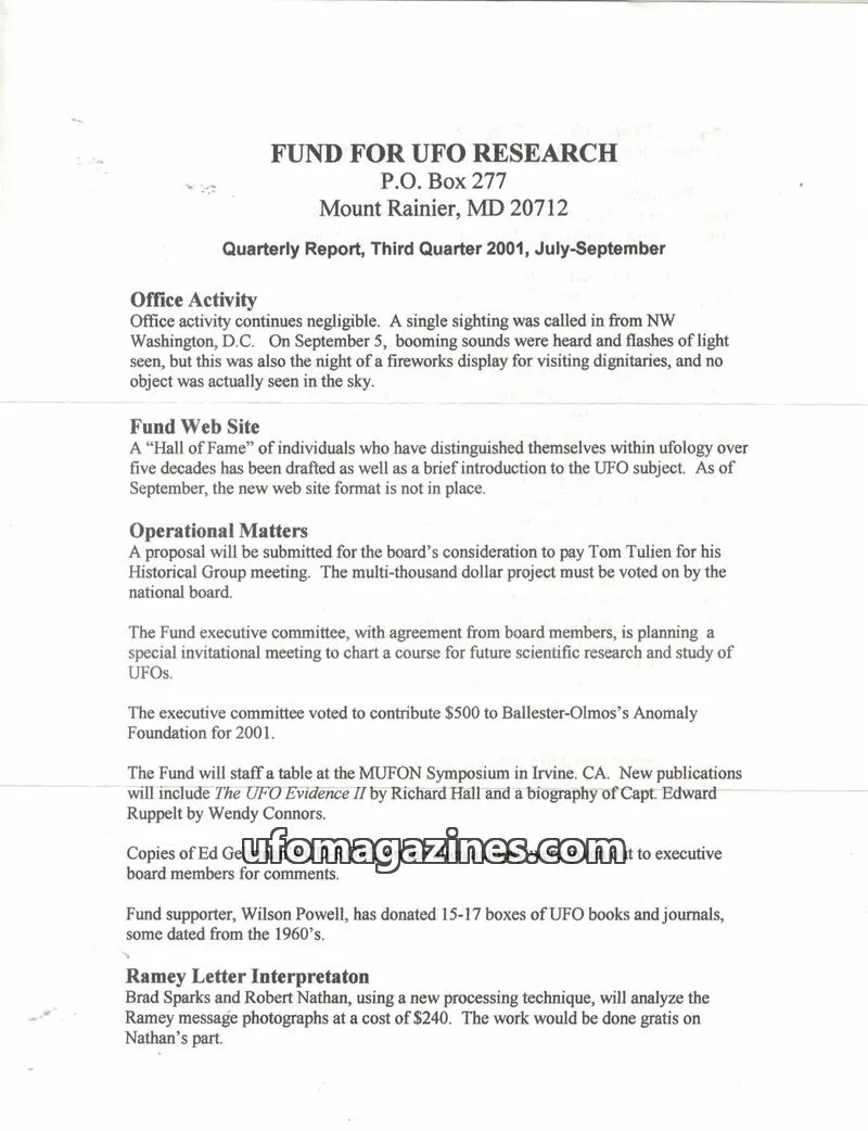 Cover of FUFOR reports issue Third Quarter 2001: FUND FOR UFO RESEARCH