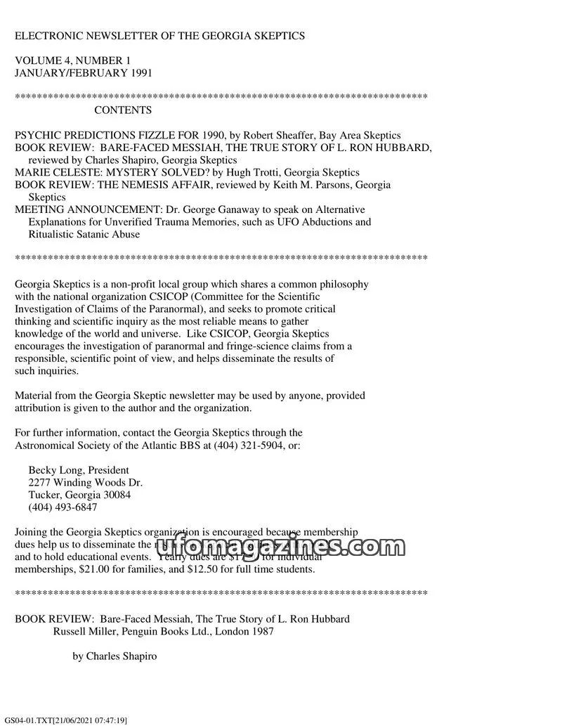 Cover of Georgia Skeptics Newsletter issue 1: ELECTRONIC NEWSLETTER OF THE GEORGIA SKEPTICS