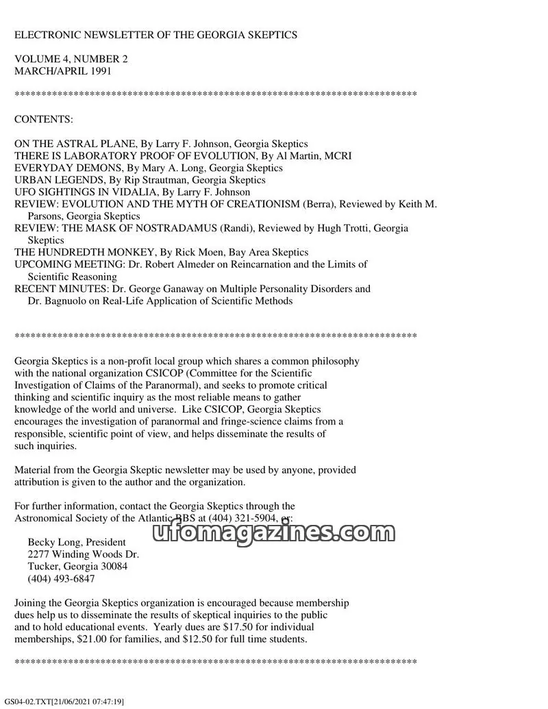 Cover of Georgia Skeptics Newsletter issue VOLUME 4, NUMBER 2: ELECTRONIC NEWSLETTER OF THE GEORGIA SKEPTICS