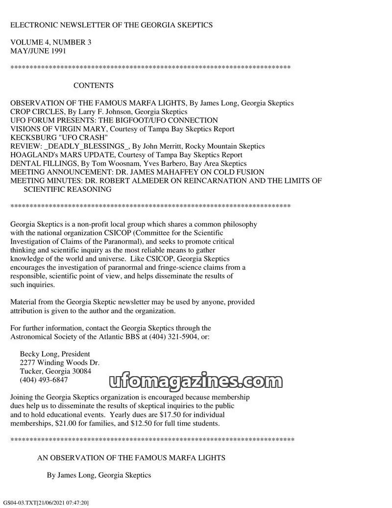 Cover of Georgia Skeptics Newsletter issue 3: ELECTRONIC NEWSLETTER OF THE GEORGIA SKEPTICS